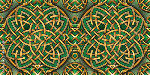 Intricate Celtic knot pattern in green and gold, showcasing timeless artistry and craftsmanship.