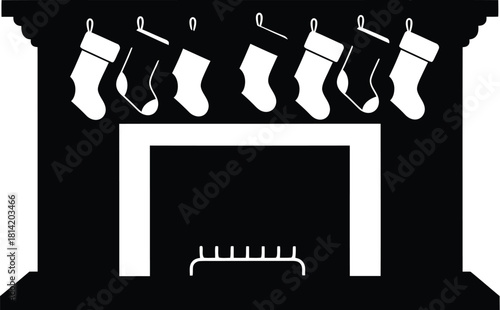 Black silhouette icon of a fireplace with a decorative mantel and fire on a white background Keywords: fireplace, icon, silhouette, black, white, background, flame, fire