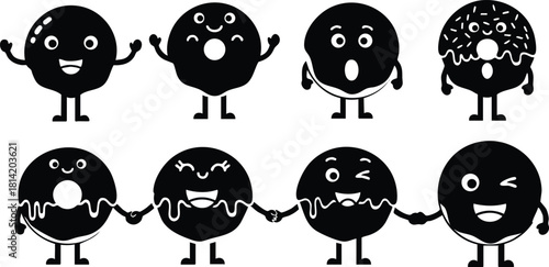 Cartoon donut characters with various facial expressions holding hands in black silhouette style vector illustration