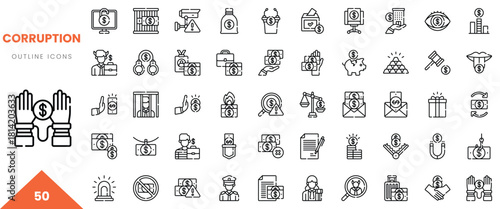 Collection of outline icons depicting various aspects of corruption and bribery.