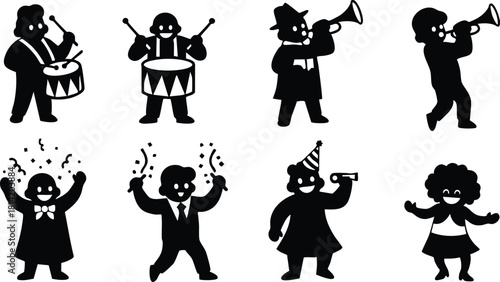 Silhouette musicians and party people playing instruments and celebrating festive event vector illustration