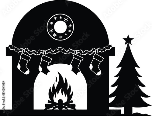 Black silhouette icon of a gazebo or pavilion with a campfire and trees on a white background Keywords: gazebo, icon, silhouette, black, white background, campfire, fire