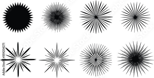 Starburst vector set with black radial sun shapes and abstract vintage style design elements