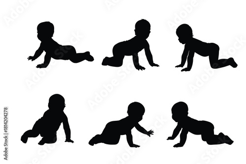 Set of Crawling Baby Silhouettes in Various Poses 