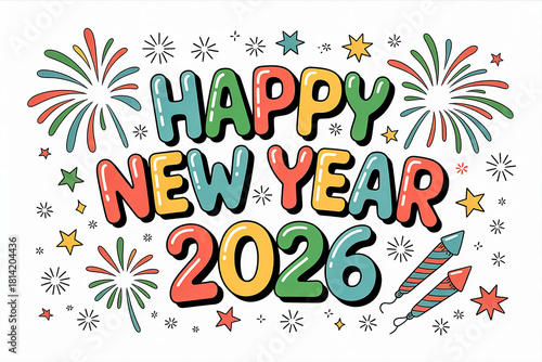 Happy New Year 2026 Greeting – Colorful Fireworks Celebration Illustration