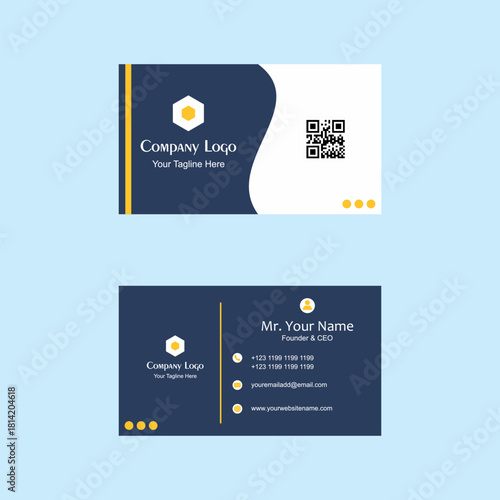 Modern Corporate Business Card Template with QR Code Navy Blue & Yellow Professional Design