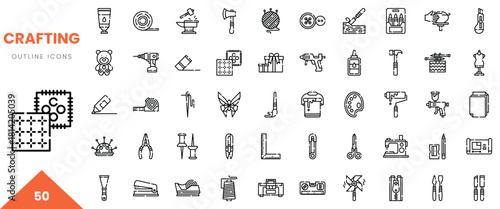A collection of crafting outline icons featuring tools and materials for creative projects.