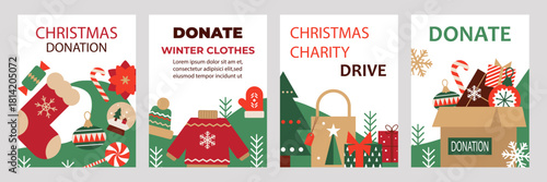 Winter warm clothing and christmas gifts donation.Charity, social care and help concept.Vector posters of Christmas donations to help those in need. Collecting warm clothes and gifts.
