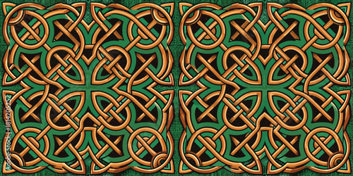 Intricate Celtic knot pattern in golden hues and rich green background, embodying timeless artistry.
