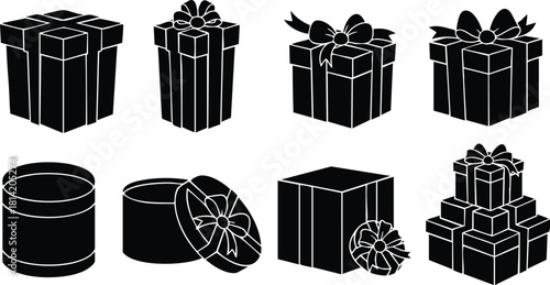 Gift boxes with ribbons and bows vector set in black silhouette style for celebration and decoration purposes