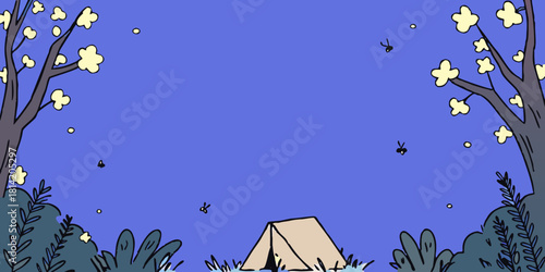 Capture the mystical essence of a starlit forest in surrealistic style Show a wide-angle view of a campsite surrounded by glowing flora and fauna in vivid hues Use unexpected camera angles to add intr