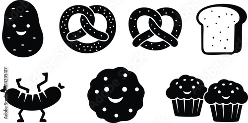 Black silhouette bakery icons set including bread loaf, pretzel, sausage, cookie, and muffins vector illustration