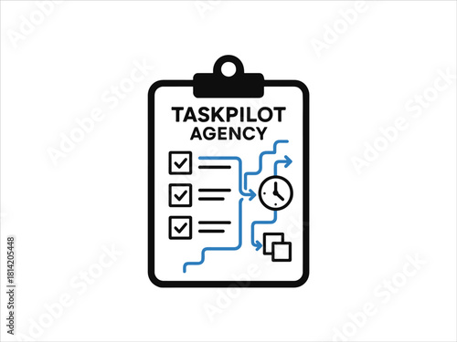 Task Pilot Agency Prompt: clipboard, checklist, blue workflow lines, task scheduling