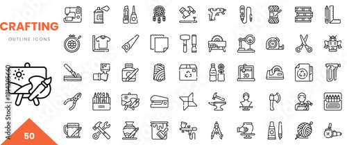 A diverse collection of 50 crafting outline icons representing various creative tools and supplies.