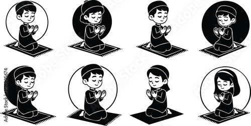 Children sitting and praying in black and white vector illustration with circular backgrounds and prayer mats
