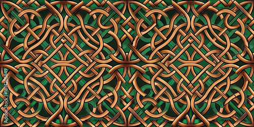 Intricate woven pattern in green and gold tones, showcasing elegant Celtic design.