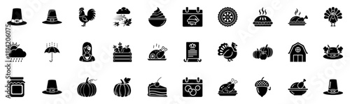 Black and White Thanksgiving, crate of produce, barn icon, jam jar, hot pie, steaming bowl Icon Collection