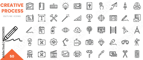 A collection of creative process outline icons, featuring tools and symbols for innovation.