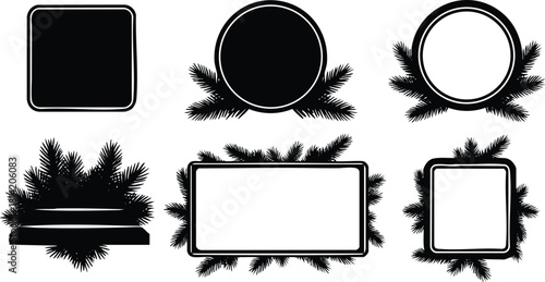 Black silhouette Christmas frame set with pine branch decoration vector illustration for holiday design and winter greeting cards