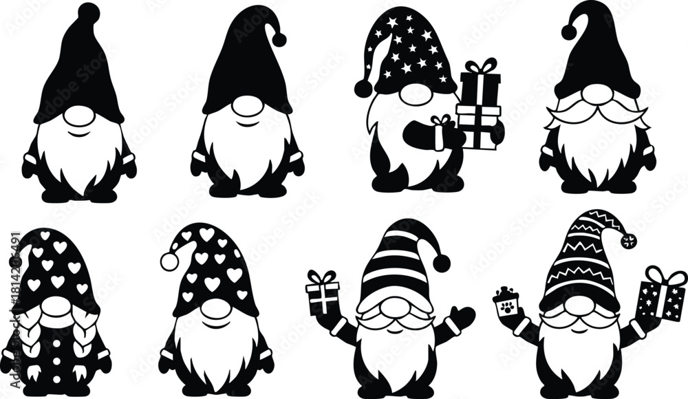 Naklejka premium Cute black and white gnome silhouettes with hats holding gifts for holiday decoration vector illustration