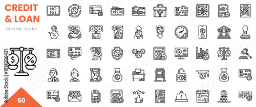 A diverse collection of credit and loan outline icons featuring financial symbols and tools.