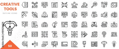 Collection of creative tools and outline icons ideal for design projects and digital arts.
