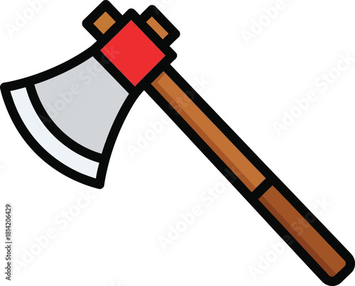 Cartoon axe illustration with wooden handle and sharp metal blade design