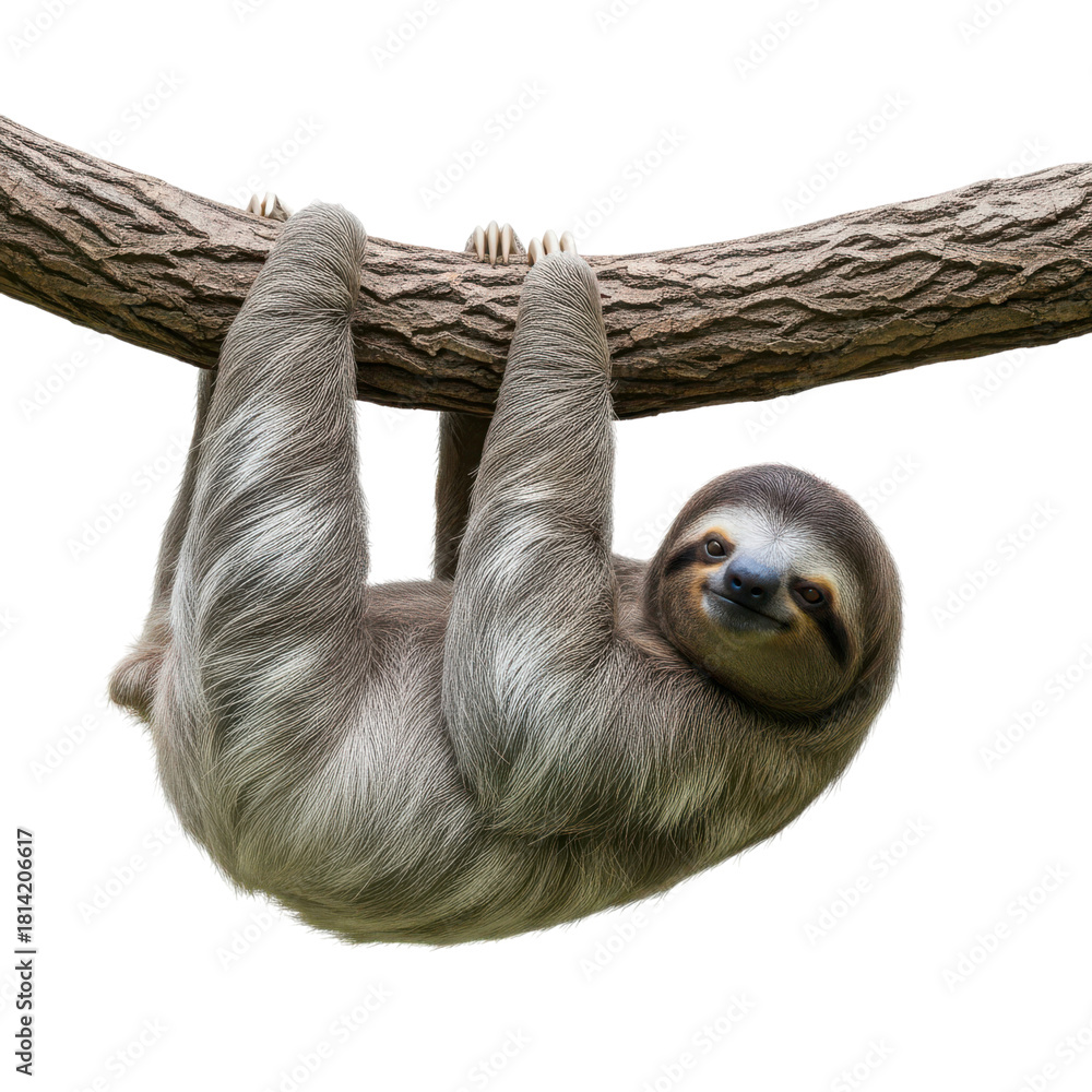 Fototapeta premium Adorable three-toed sloth hangs upside down on a tree branch isolated on transparent background