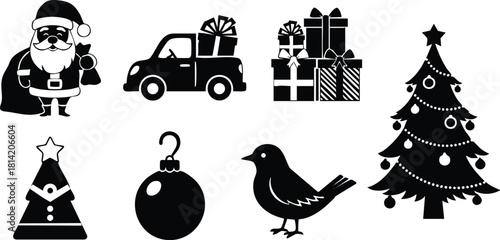 Santa Claus with Christmas car, gift boxes, Christmas tree, holiday decorations, festive bird and ornaments vector set