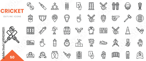 Collection of cricket outline icons showcasing equipment and game elements.