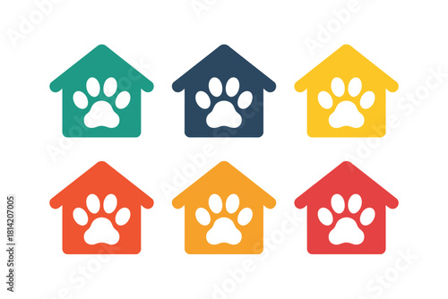 Collection of colorful dog houses with paw print cutouts