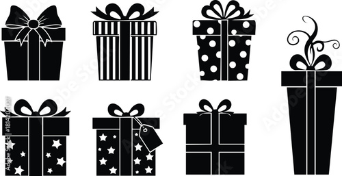 Gift boxes with bows and ribbons vector icons set for holiday and celebration designs