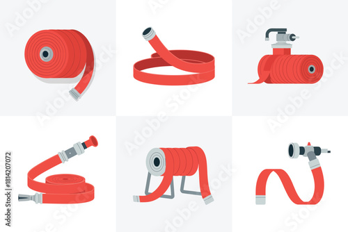 Collection of red fire hoses and equipment on white background