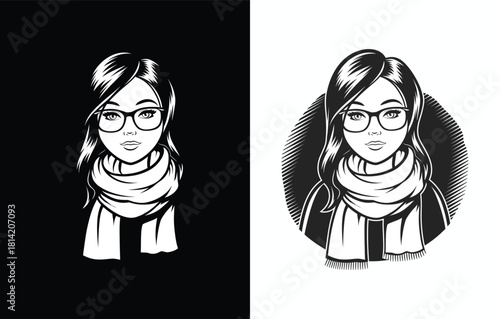 Vintage-Style Black and White Portrait of Woman with Glasses