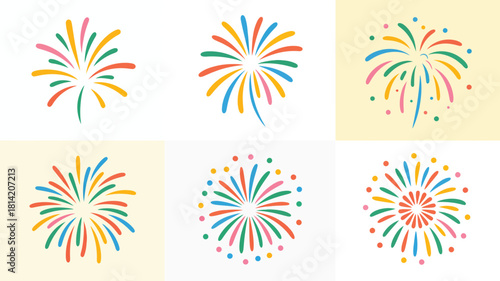Colorful abstract fireworks bursts on a light background set