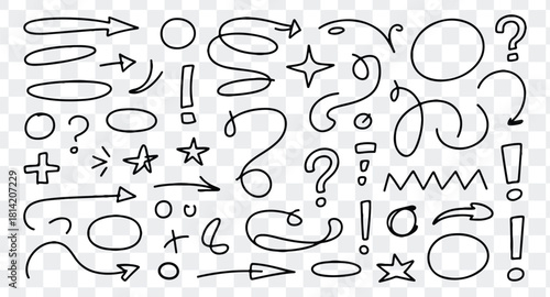 Collection of hand drawn doodle elements including arrows, circles, question mark, star, and exclamation mark symbols