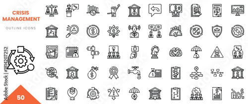 Diverse outline icons representing crisis management concepts in a minimalist style.