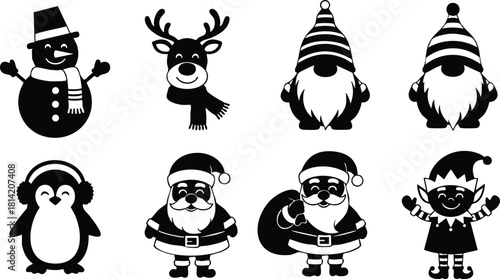 Christmas winter holiday characters snowman reindeer gnomes penguin santa claus elf black silhouette vector