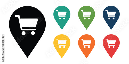 Shopping cart location pins in various colors and a large black pin