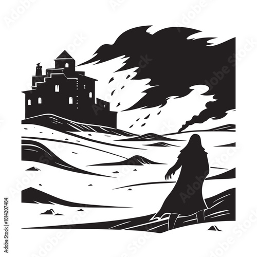 Desert Sandstorm Apocalypse Survival Outline Silhouette