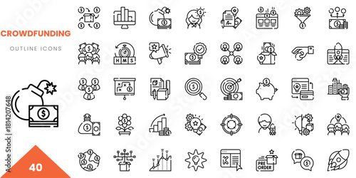 Set of 40 crowdfunding outline icons for digital marketing and finance concepts.