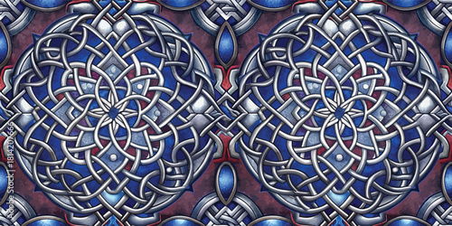 Intricate silver and blue Celtic knot pattern, showcasing artistry and symmetry in a visually compelling design.