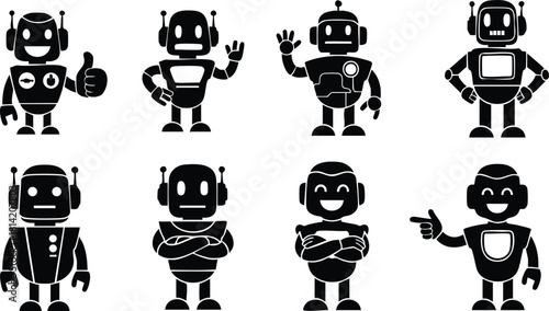 Set of eight black robots with various hand gestures and expressions in vector illustration