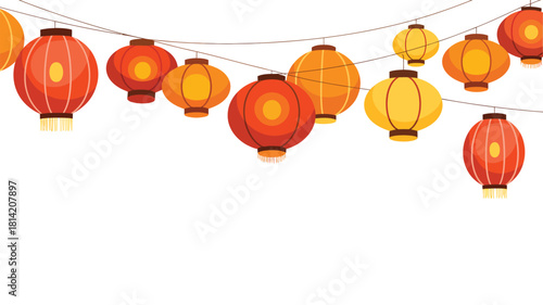 Colorful chinese lanterns hanging on a string against a white background