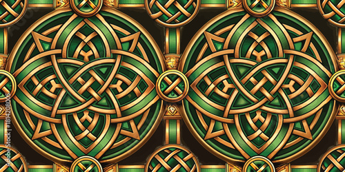 Elegant green and gold intricate Celtic knot pattern, creating a mesmerizing visual effect.
