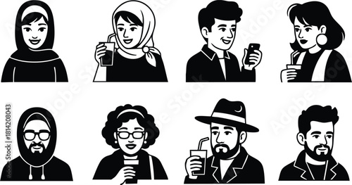 Diverse people drinking beverages happy social interaction vector illustration set