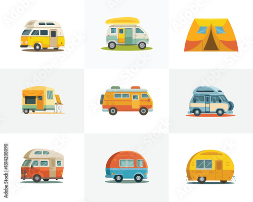 Collection of colorful cartoon camper vans and a tent for outdoor adventures