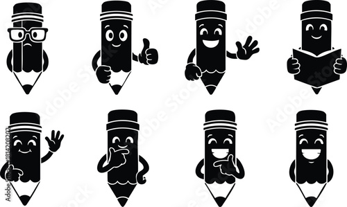 Cartoon pencil characters showing various hand gestures and emotions vector illustration