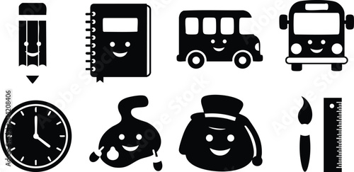Cute school supplies icons with happy faces including pencil, notebook, buses, clock, paint, and ruler vector illustration