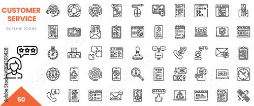 Collection of customer service outline icons showcasing various support tools and communication methods.